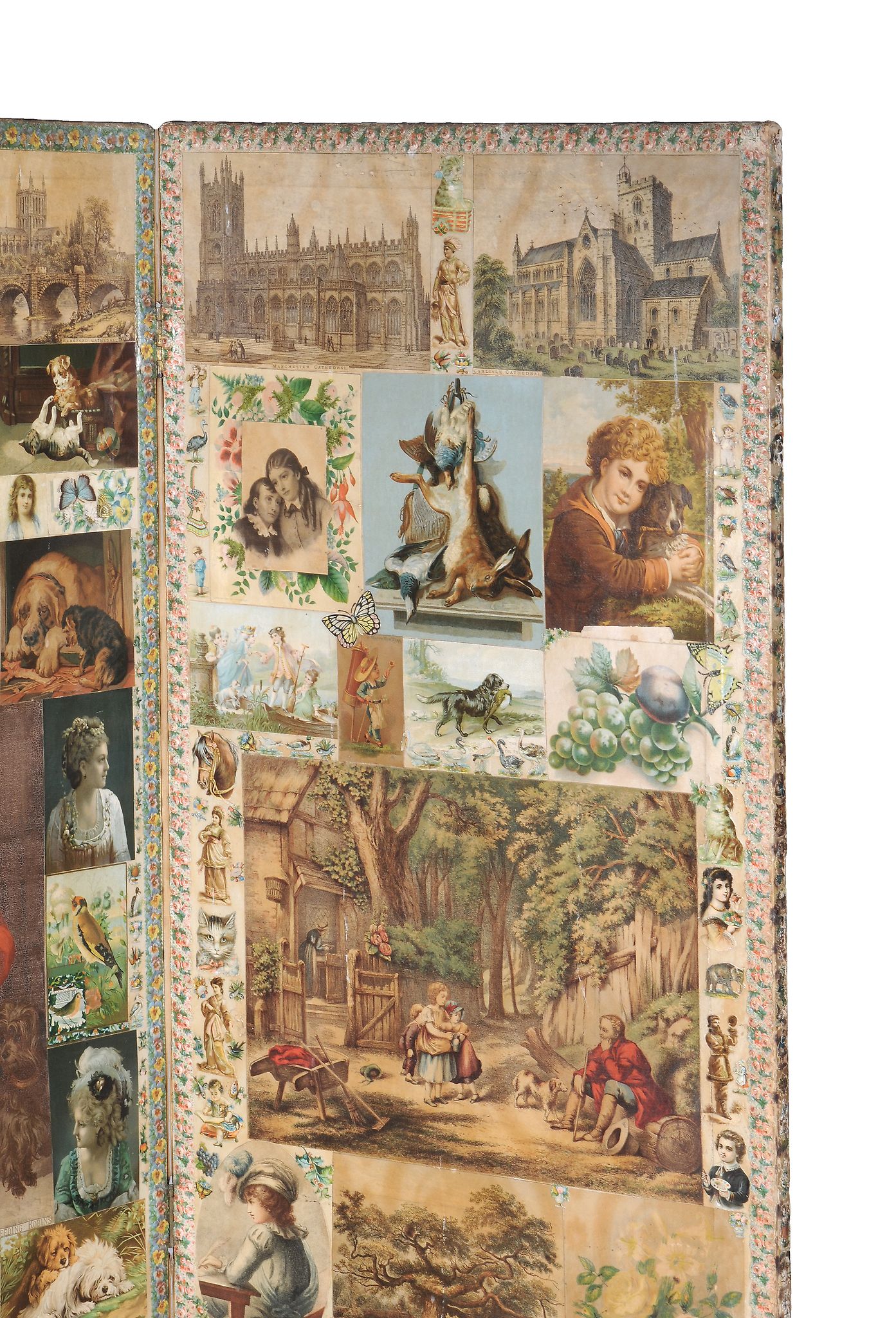 A Victorian decoupage screen,   the four panels with collage of Victorian scenes, animals and - Image 3 of 4