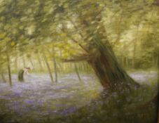 Sheila Tiffin (b.1952) Girl amongst bluebells in woodland  Oil in canvas Signed and dated „  27cm x