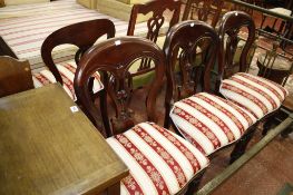 A set of four mahogany balloon back dining chairs  , two chairs, table and bookshelf (8)