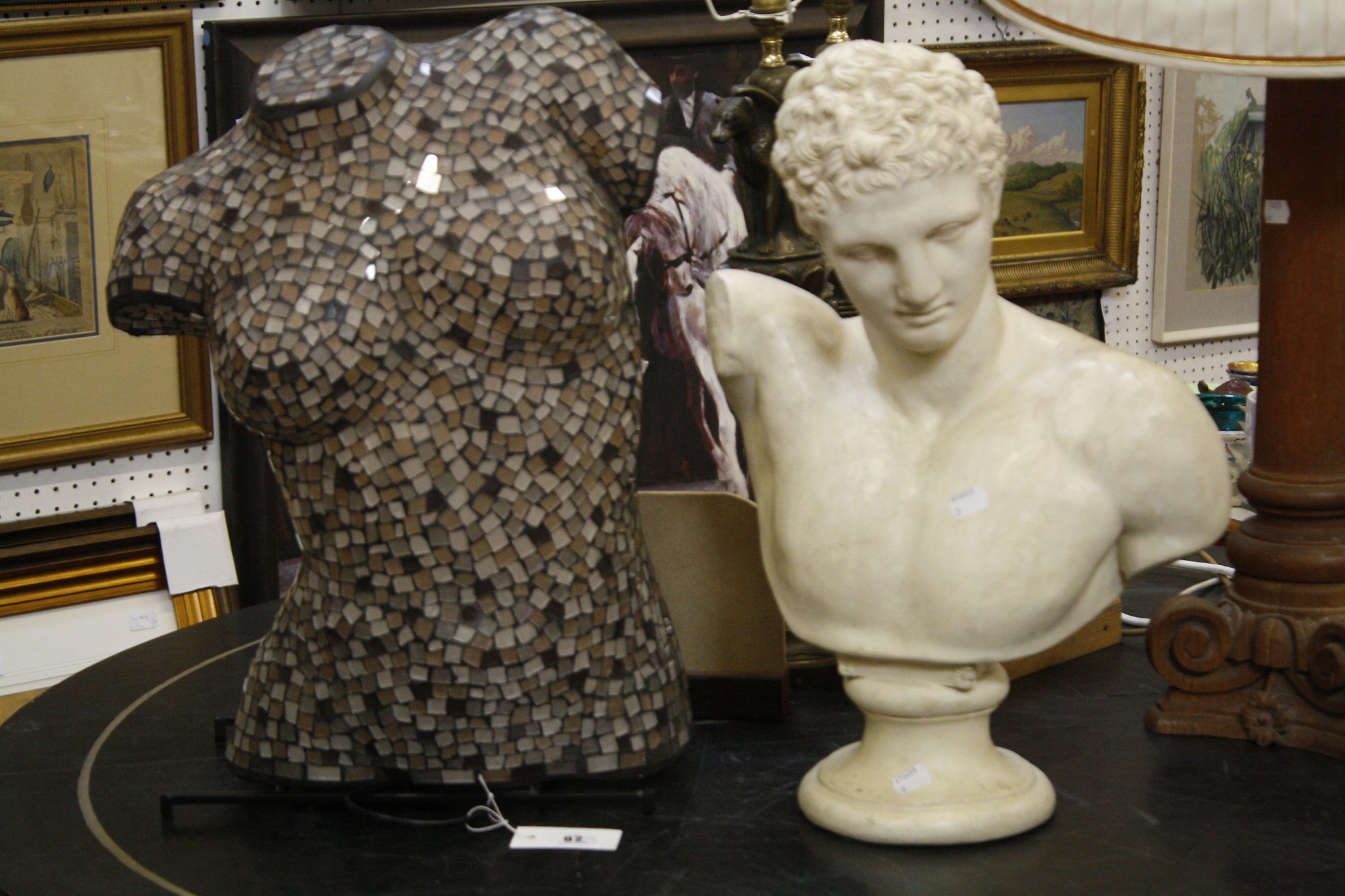 A mosaic bust of a lady table lamp,   52cm high approx.    (sold as parts) and   bust of Augustins