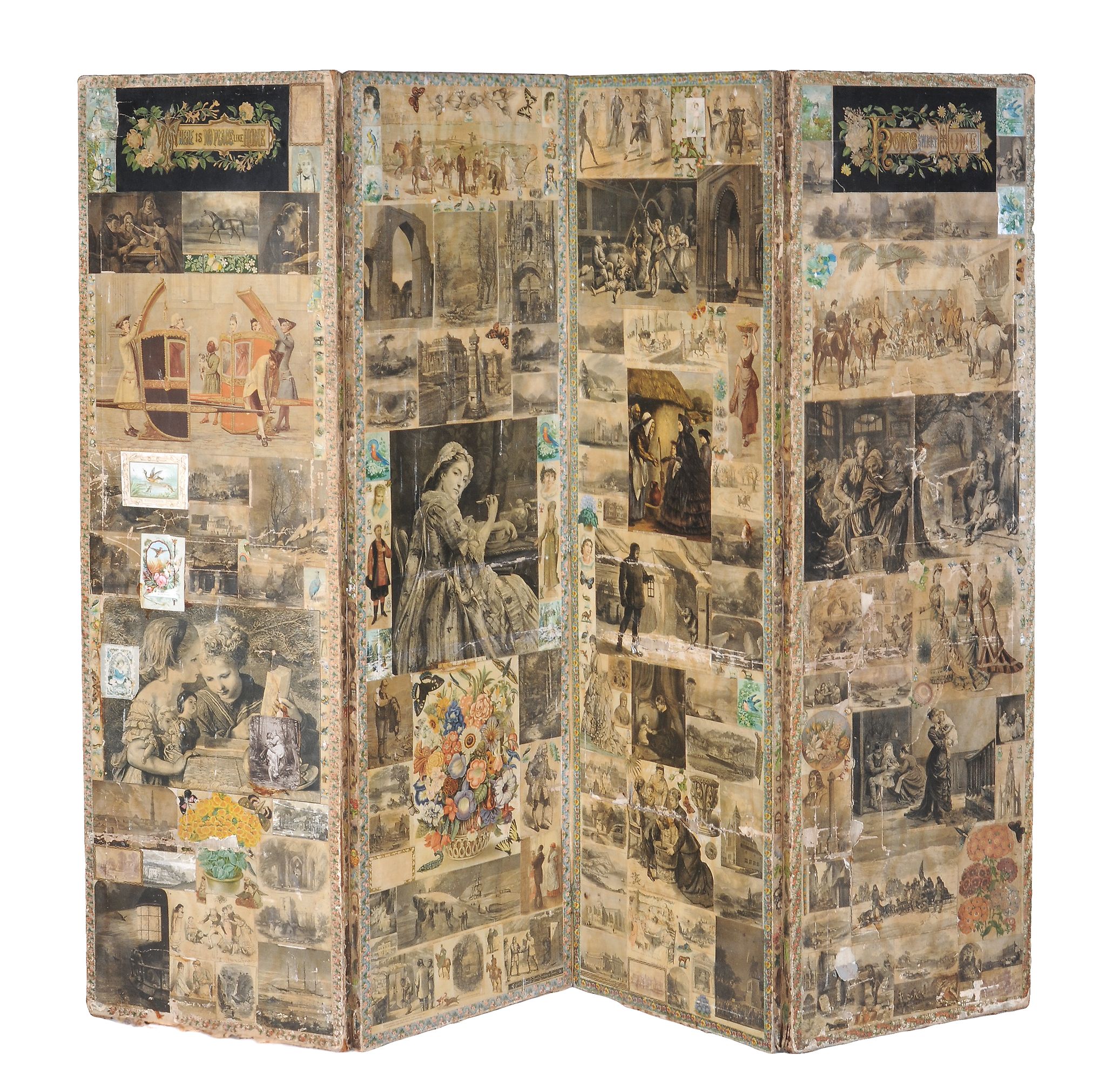 A Victorian decoupage screen,   the four panels with collage of Victorian scenes, animals and - Image 2 of 4