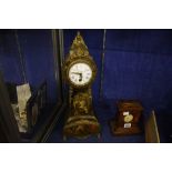 A Continental green painted mantel clock  , 46cm high and another timepiece (2)