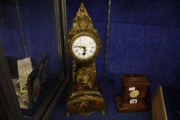 A Continental green painted mantel clock  , 46cm high and another timepiece (2)