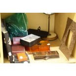 A quantity of card packs, bridge case, Bakelite box, dressing table mirror, album   etc