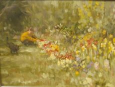 Sheila Tiffin (b.1952)  Lady gardening Oil on canvas Signed 30cm x 40cm