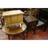 Two chairs, walnut sewing box  , two occasional table and a drop leaf table and towel rail