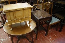Two chairs, walnut sewing box  , two occasional table and a drop leaf table and towel rail