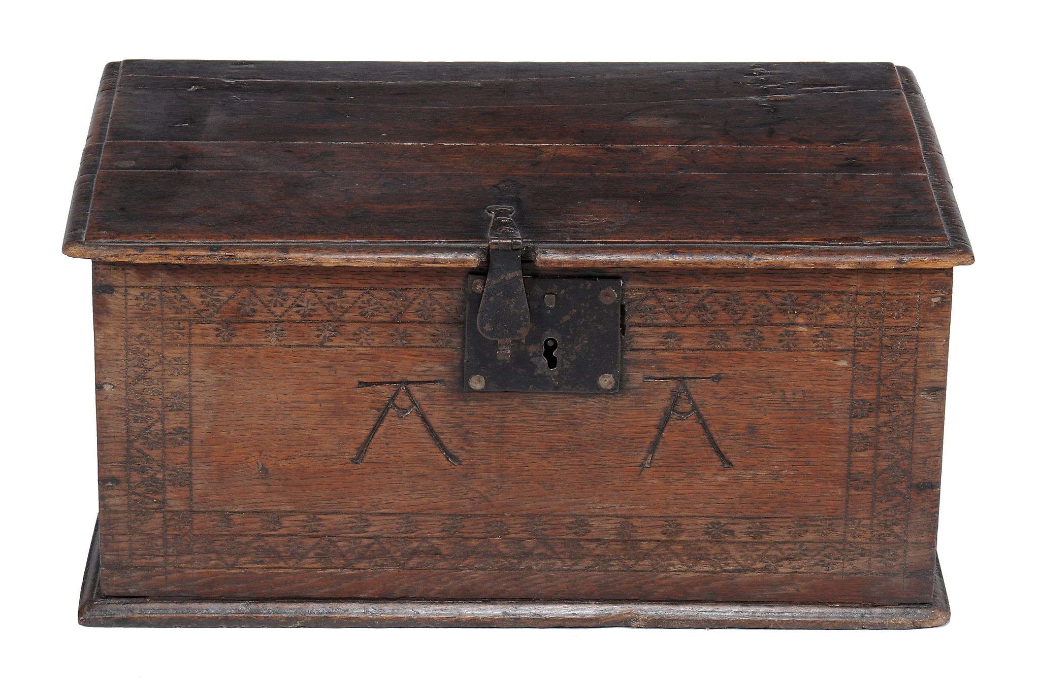 An oak bible box  , mid 17th century, the lift top above front with initials/cypher to front within