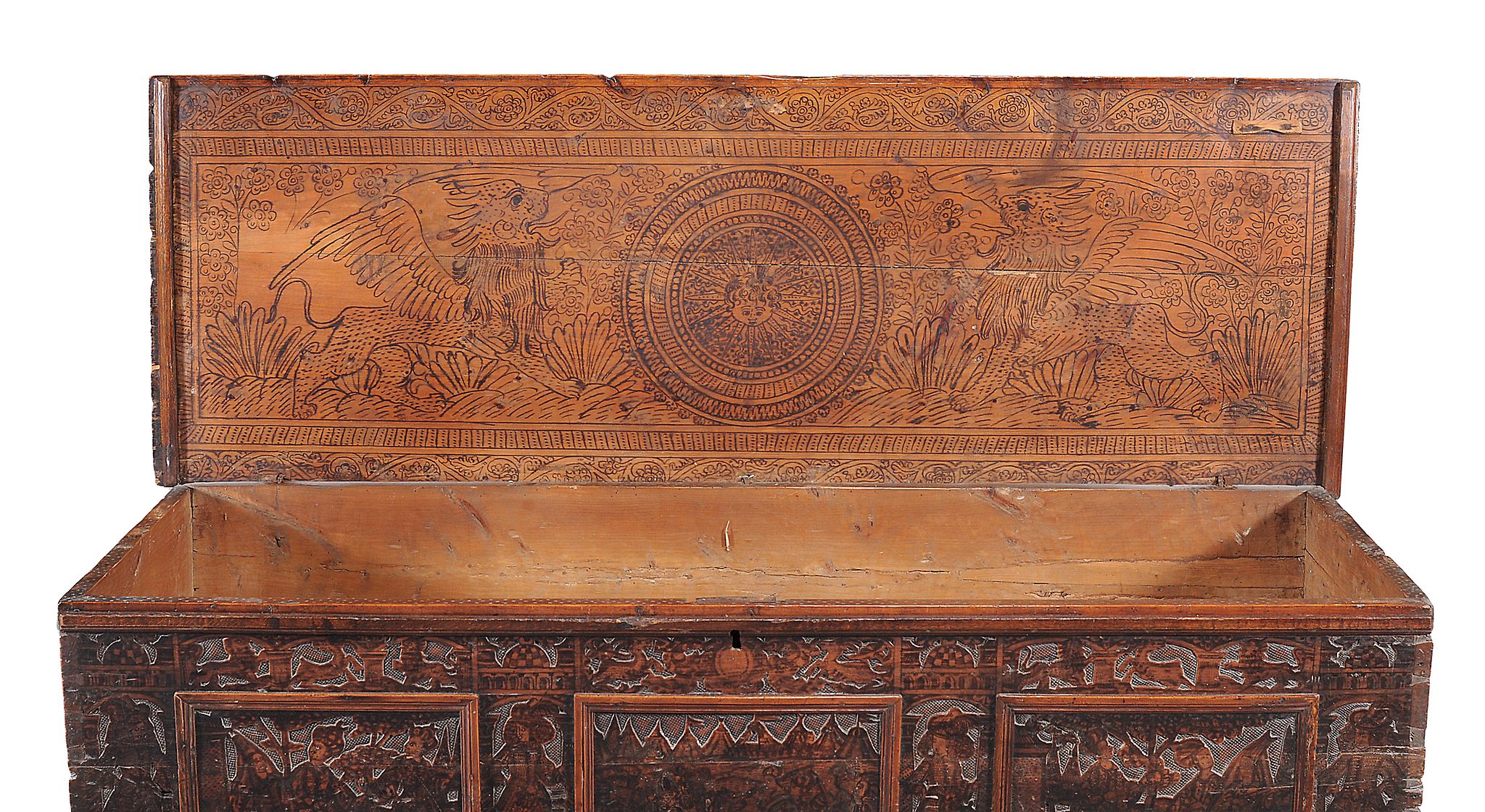 An Italian cedar and pokerwork decorated cassone  , second half 17th century, the hinged lid - Image 2 of 5