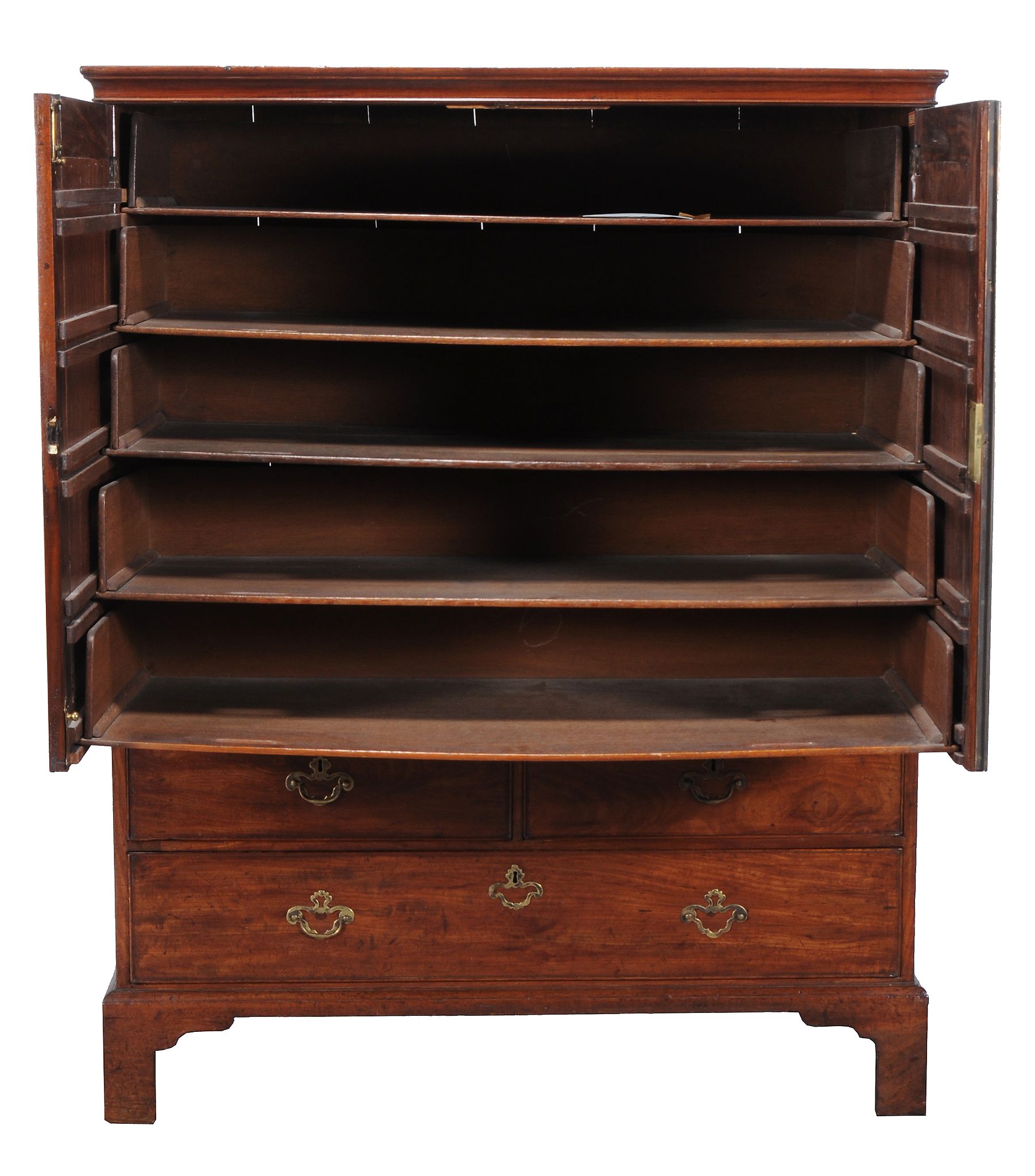 A George III mahogany clothes press  , circa 1760, the moulded cornice above a pair of panelled - Image 2 of 3