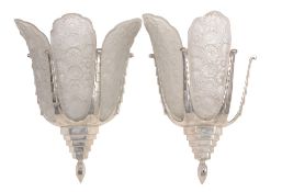 A pair of chromed metal and frosted glass wall lights in Art Deco style,   circa 1935, each with