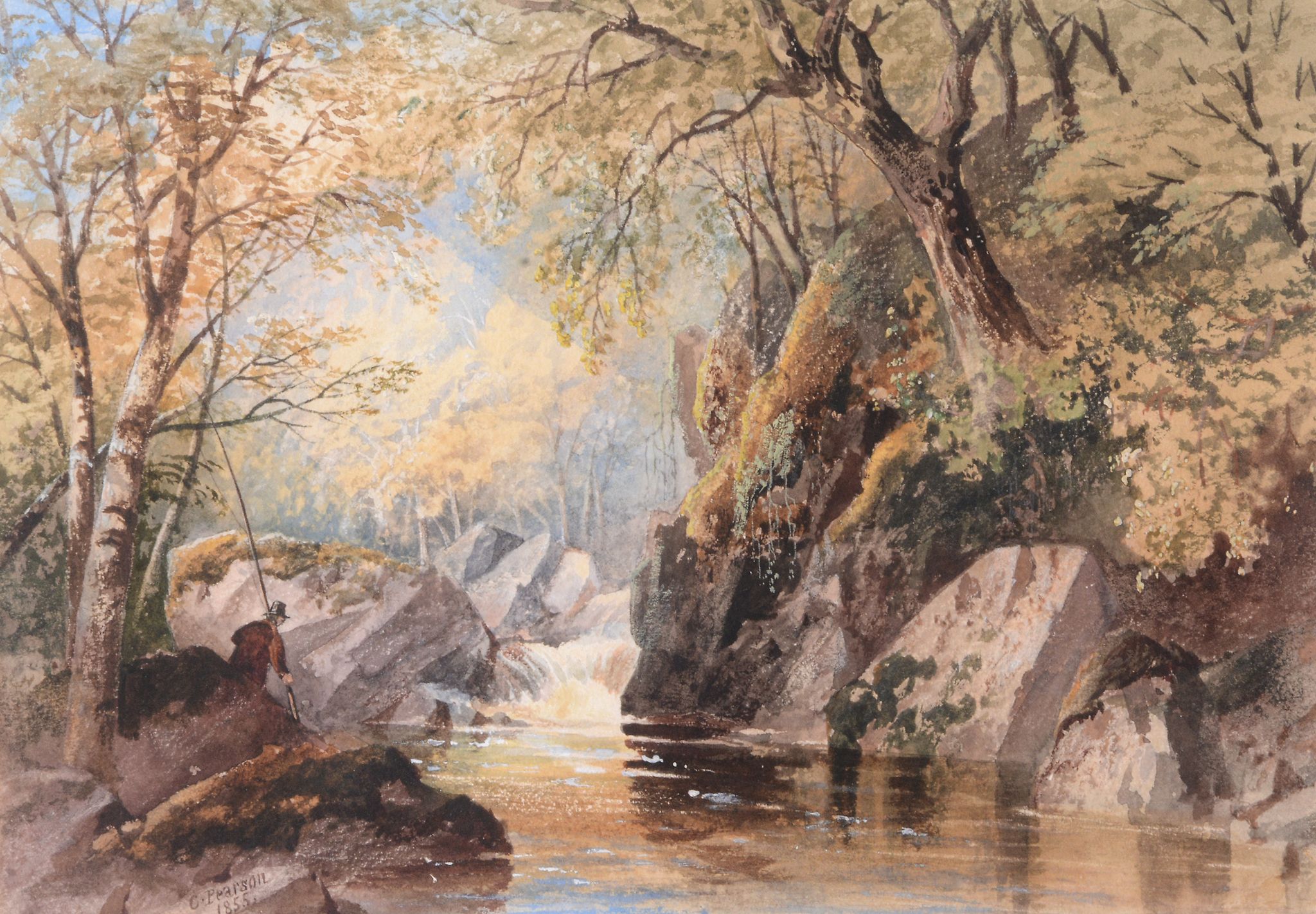 Cornelius Pearson (1805-1891) - Fisherman in a wooded landscape  Watercolour heightened with white