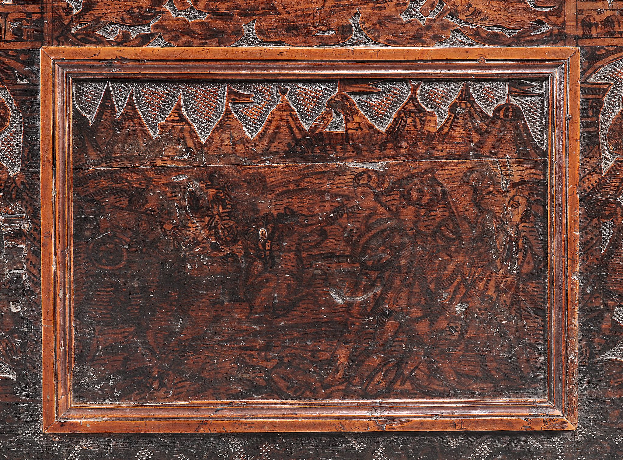 An Italian cedar and pokerwork decorated cassone  , second half 17th century, the hinged lid - Image 4 of 5