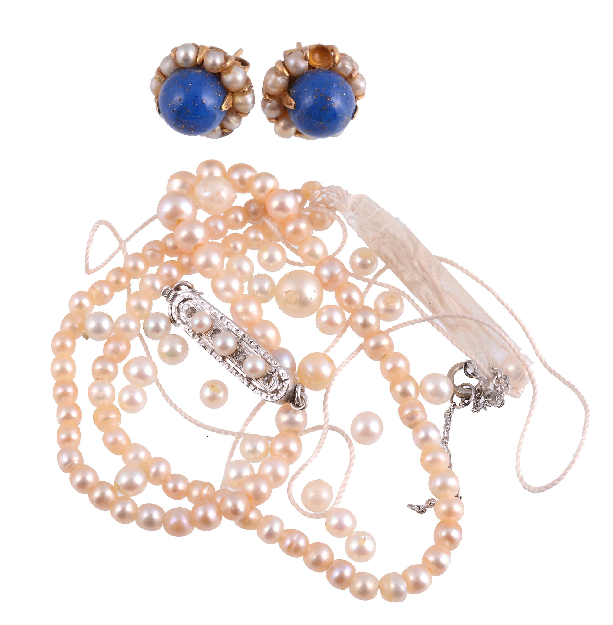 A strand of pearls,   composed of graduated pearls on a string; loose cultured and simulated