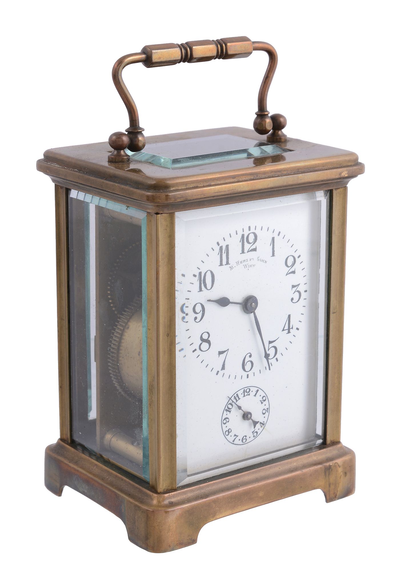 A French brass carriage timepiece with alarm,   circa 1900, the eight-day movement with platform