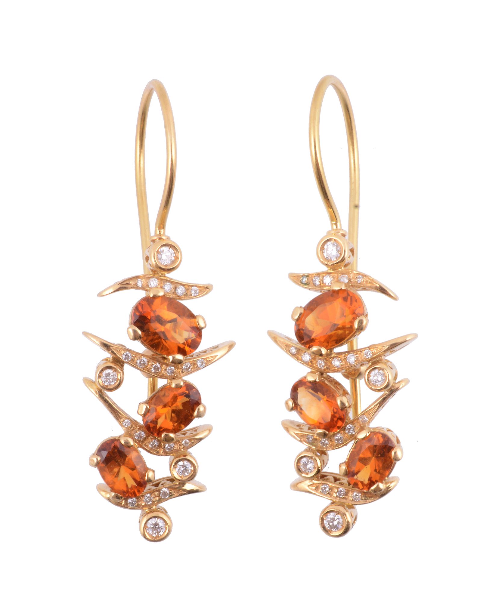 A pair of citrine and diamond earrings,   the oval shaped citrines with diamond accented curved