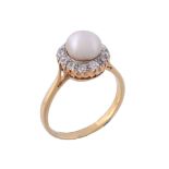 A pearl and diamond ring,   the 7mm pearl within a surround of old cut and eight cut diamonds,