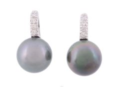 A pair of diamond and black South Sea cultured pearl earrings  , the cultured pearls measuring 11mm