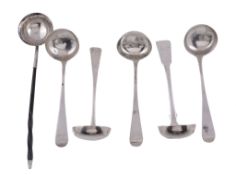 Five Scottish silver toddy ladles,   comprising: a set of four George III old English pattern by