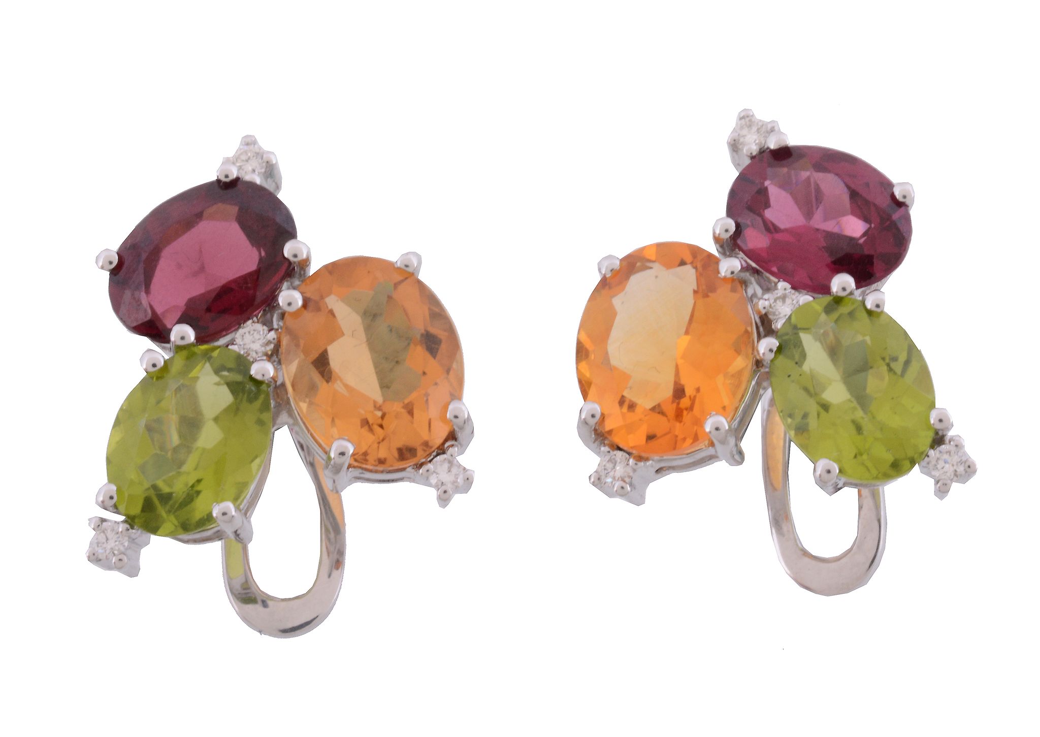 A pair of multi gem set earrings,   set with oval cut citrines, peridots and pink tourmaline with