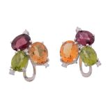 A pair of multi gem set earrings,   set with oval cut citrines, peridots and pink tourmaline with