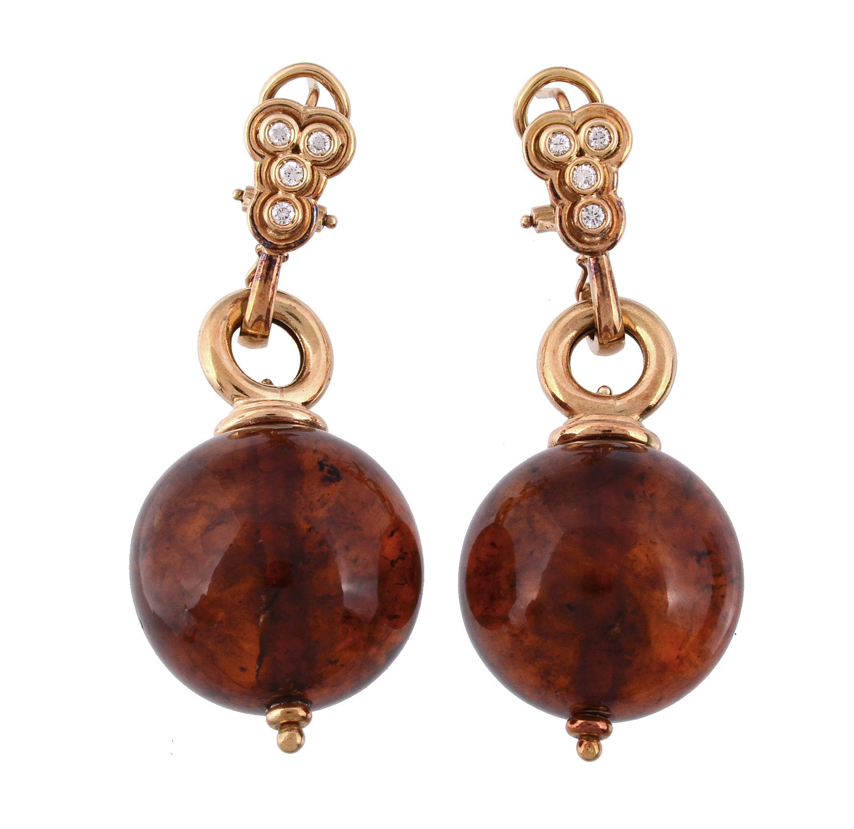 A pair of amber earrings,   the amber orbs suspended from a polished loop, set with brilliant cut