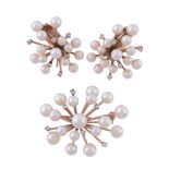 A pair of cultured pearl and white sapphire earrings and a matching brooch,   the earrings with