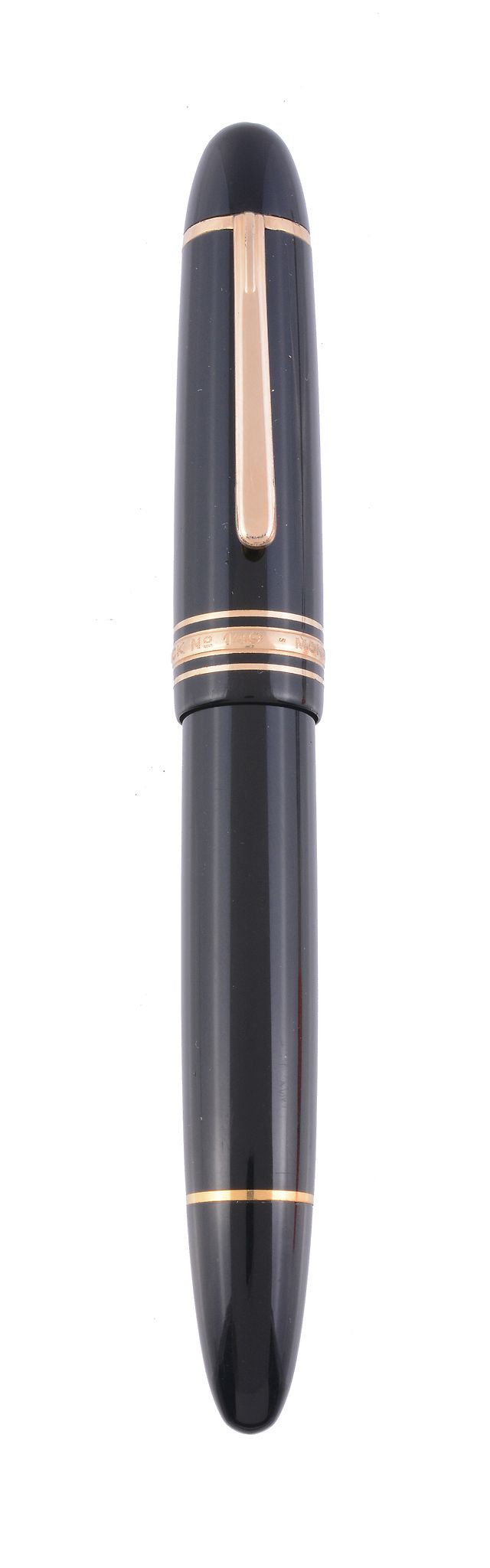 Montblanc, Meisterstuck, 149, a black fountain pen,   with a black cap and barrel, the nib stamped