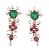 A pair of ruby cultured pearl and green paste ear pendents  , the pediments set with pressed green