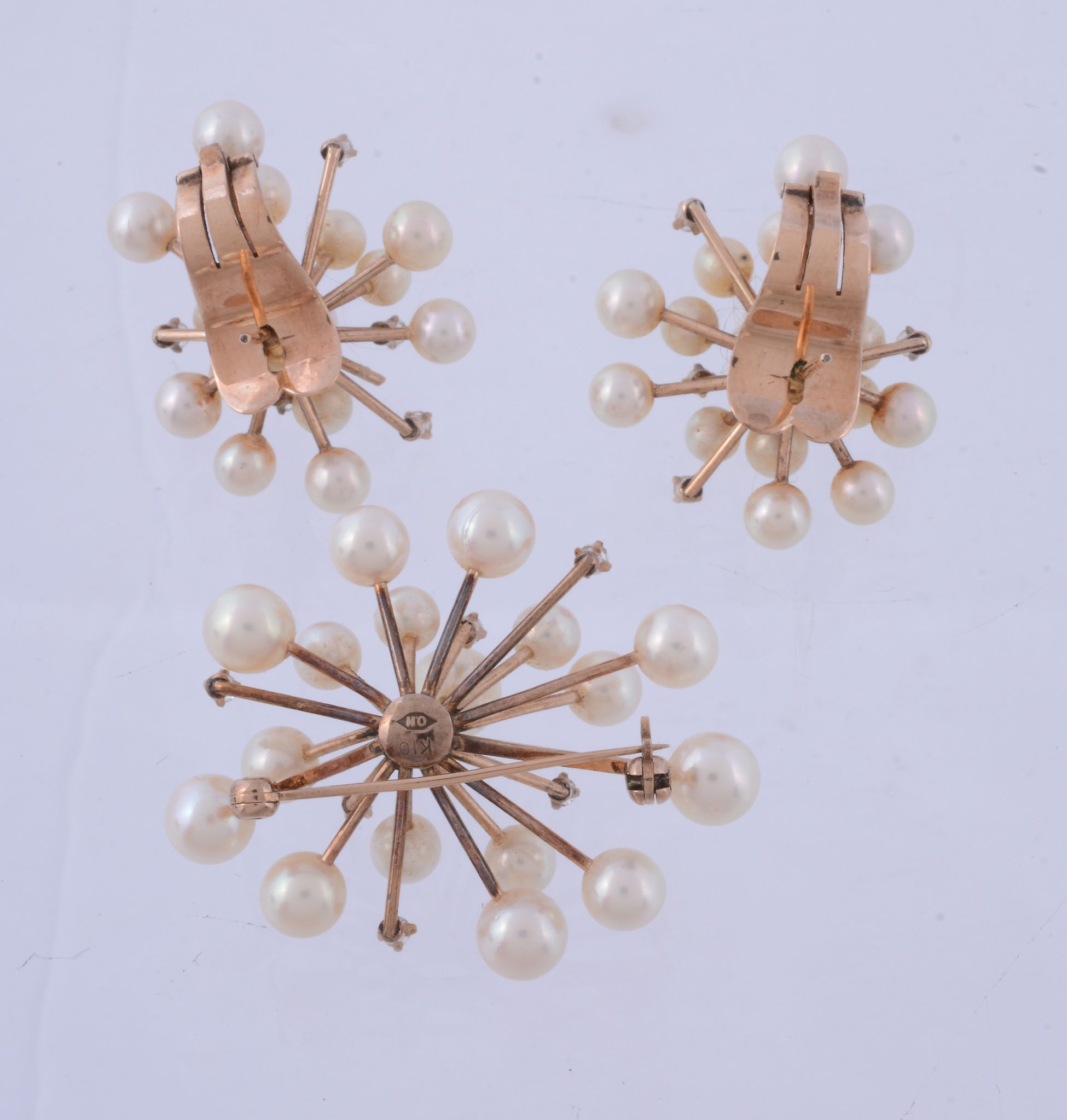 A pair of cultured pearl and white sapphire earrings and a matching brooch,   the earrings with - Image 2 of 2