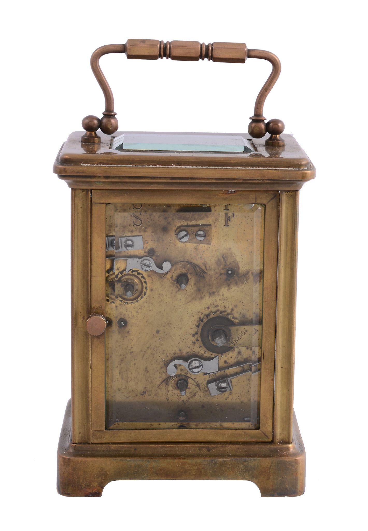 A French brass carriage timepiece with alarm,   circa 1900, the eight-day movement with platform - Image 3 of 3