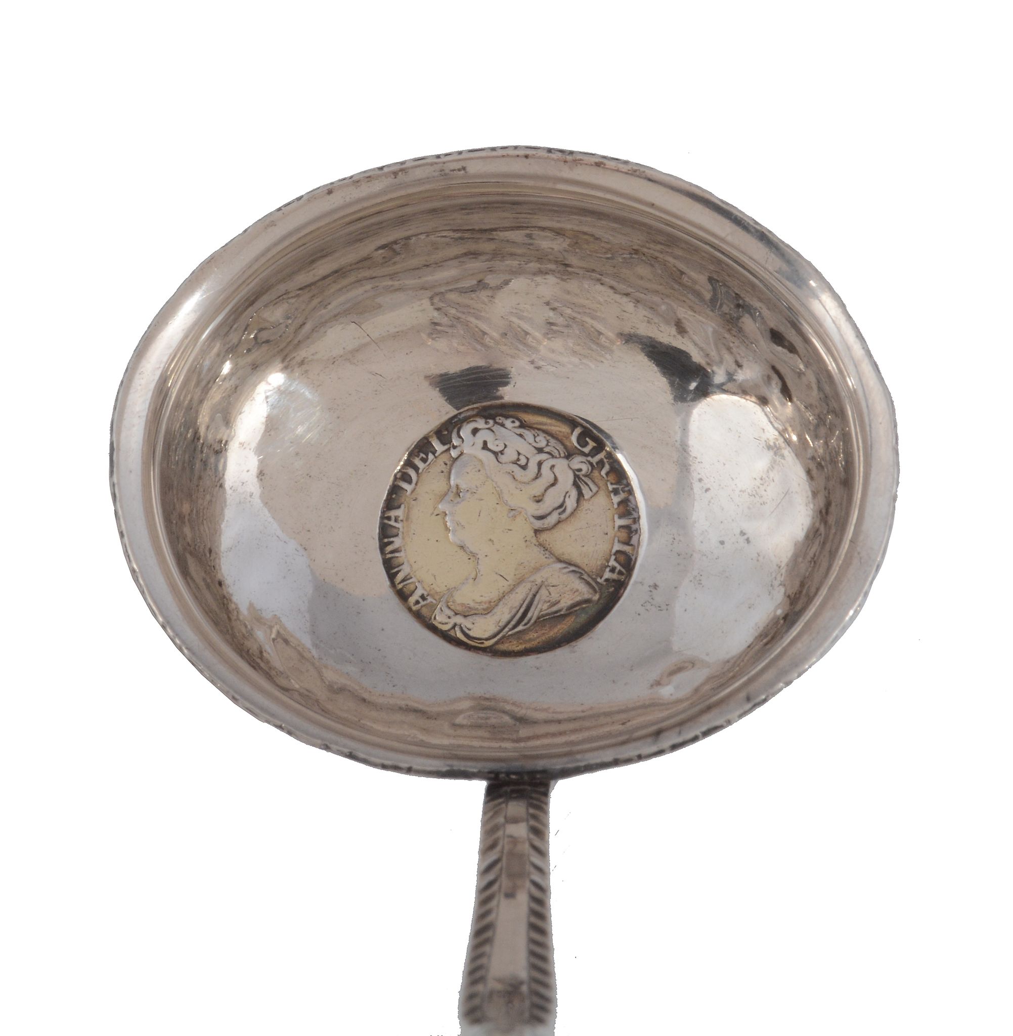 Two Georgian silver oval toddy ladles,   both unmarked, one inset with a Queen Anne gilt shilling - Image 3 of 3