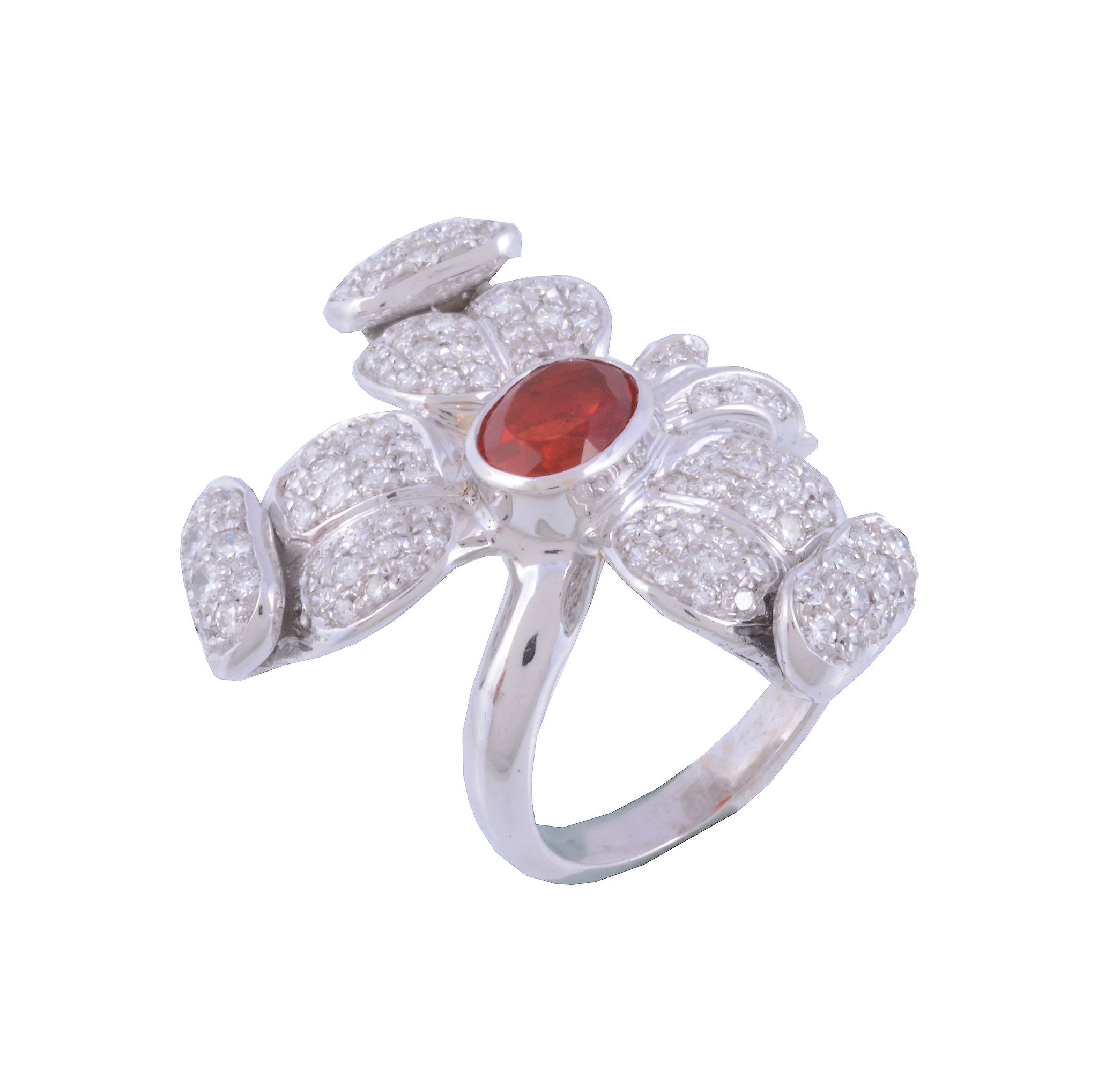 A fire opal and diamond dress ring,   designed as a flower head, the central oval shaped fire opal