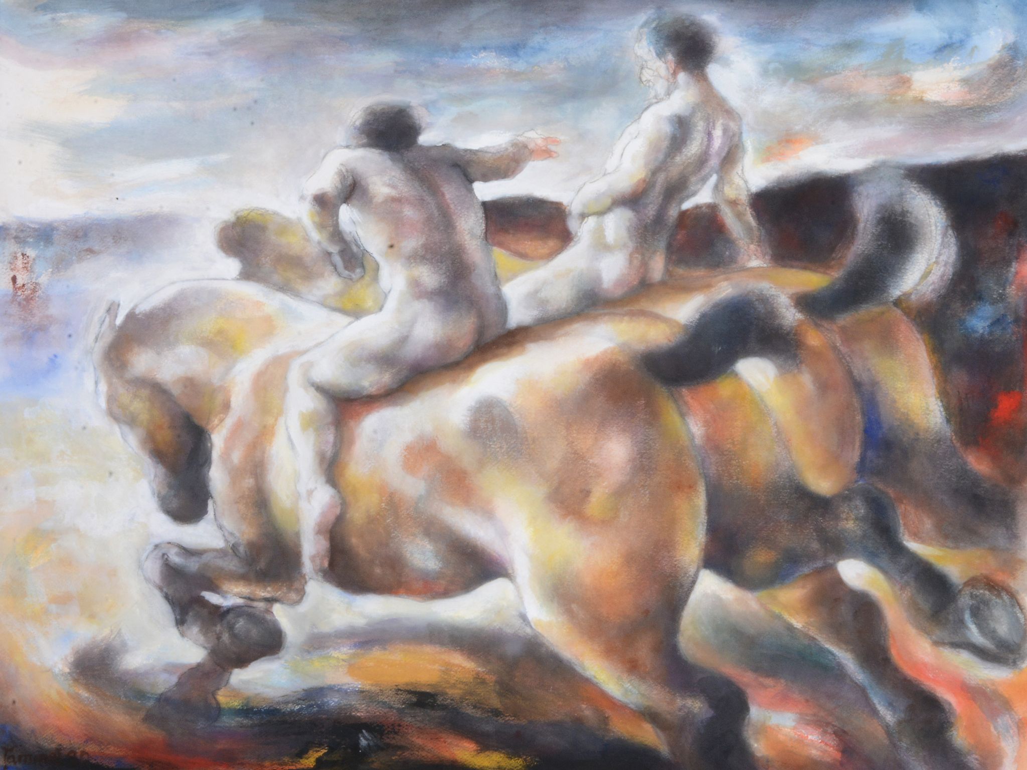 Lin Jammet (b.1958) - Two figures on horseback; Riding towards the hill  A pair, watercolour and - Image 4 of 5