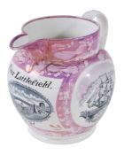 A commemorative and dated Sunderland pink-lustre jug, mid 19th century   A commemorative and dated