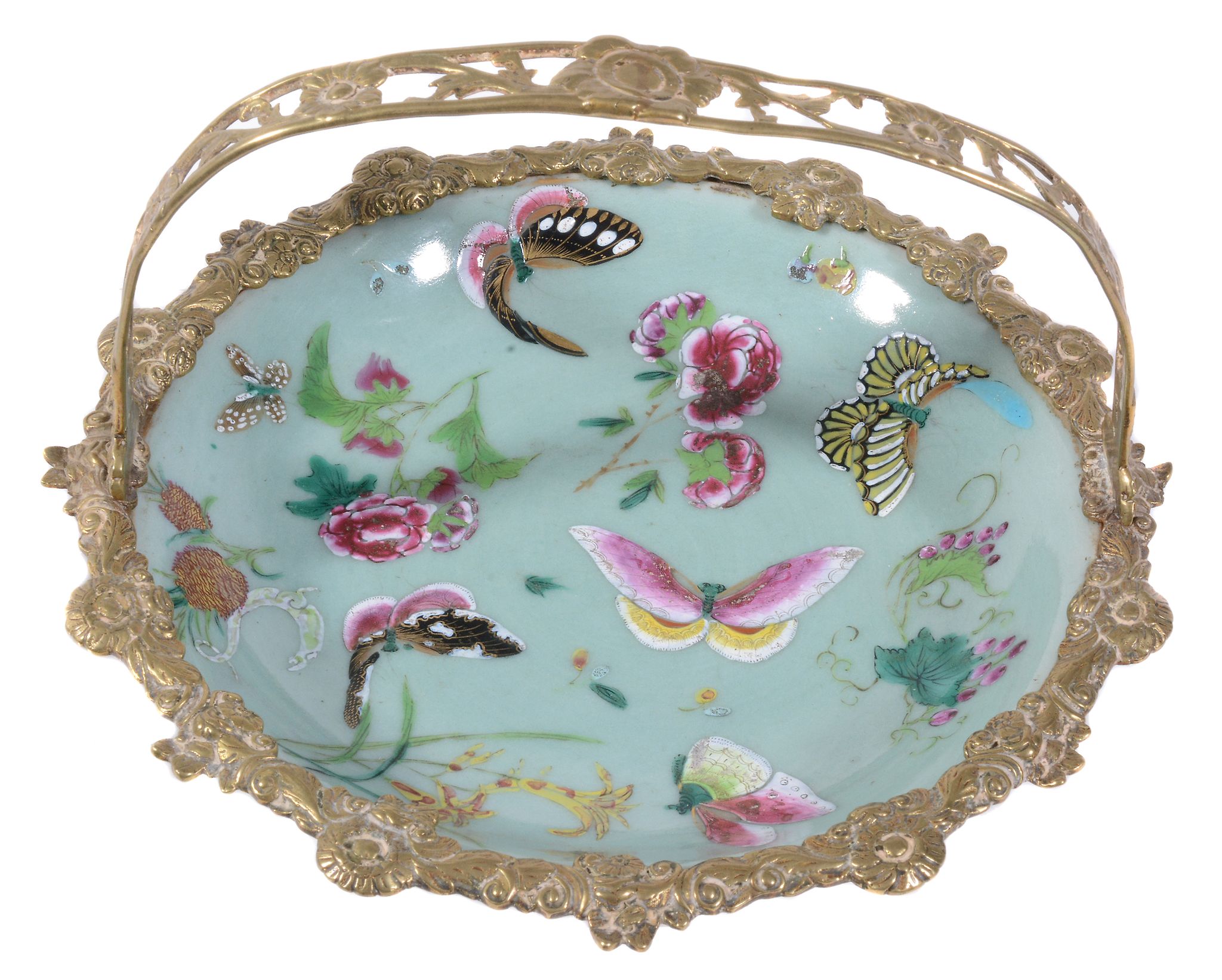 A Cantonese celadon gilt-metal mounted dish, 19th century   A Cantonese celadon gilt-metal mounted - Image 3 of 5