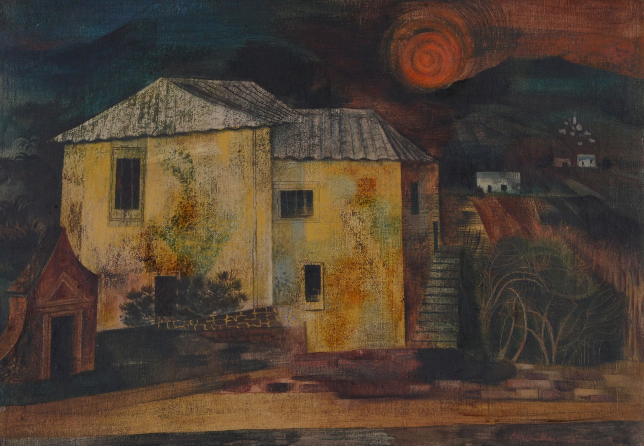 Bateson Mason (1910-1977) - The yellow house  Oil on board Signed and dated H lower right 41 x 61
