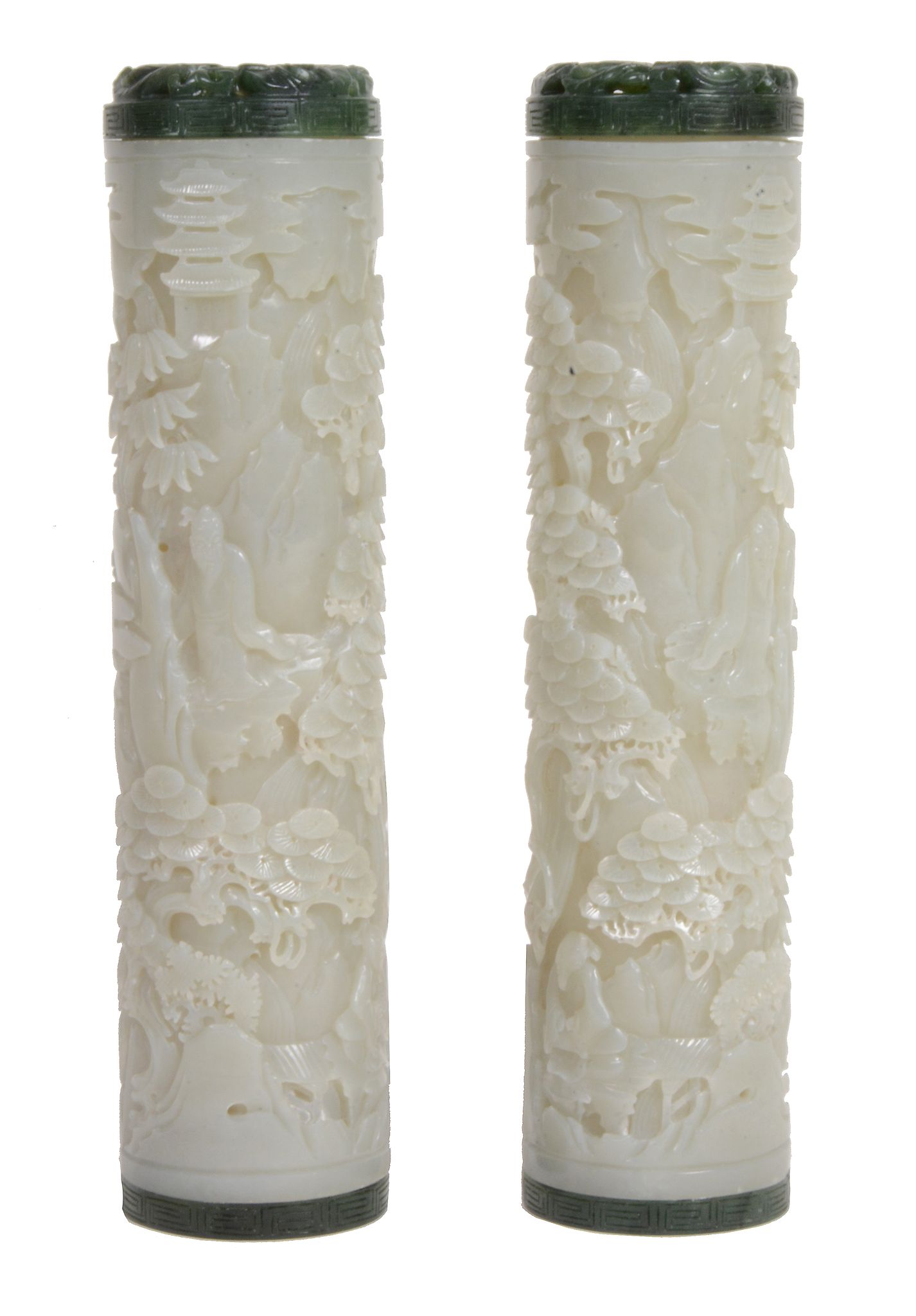 A good pair of pale celadon jade cylindrical parfumiers   A good pair of pale celadon jade - Image 3 of 4