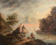 Manner of Claude Joseph Vernet (1714-1789) - A gentleman fishing at sunset, with a couple looking