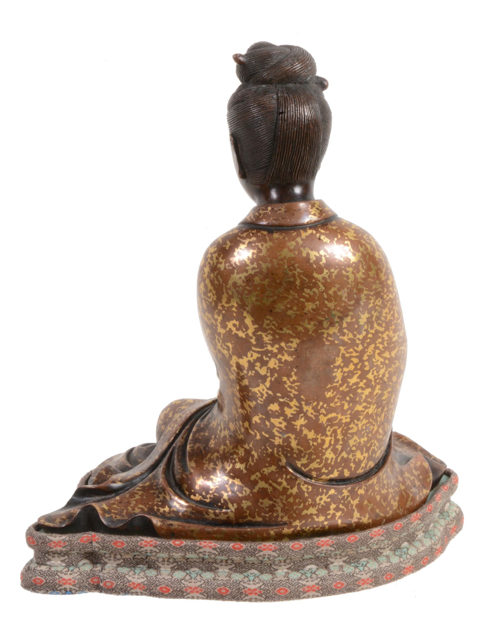 A Chinese bronze gold-splash model of Guanyin, seated with eyes downcast   A Chinese bronze gold- - Image 2 of 3