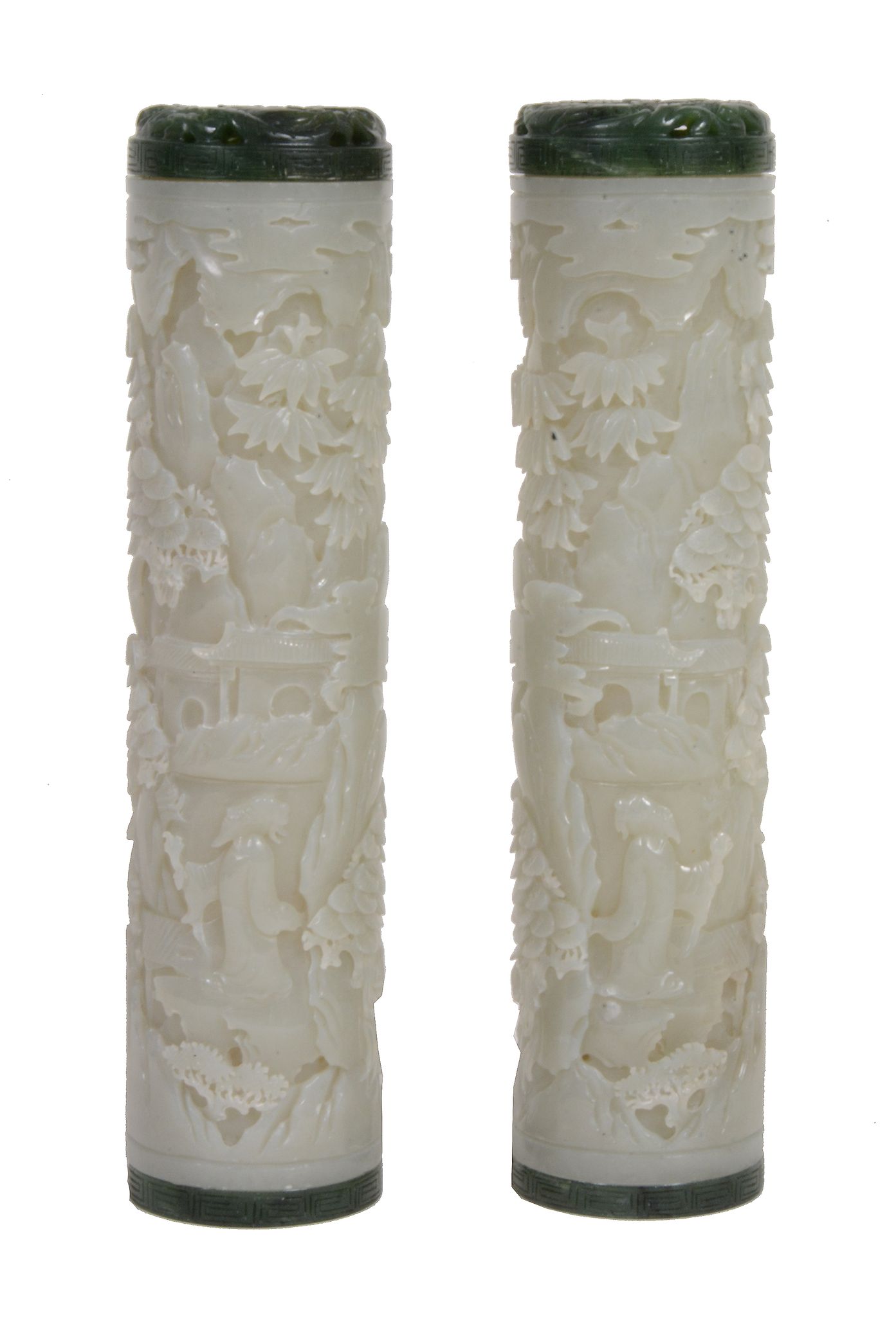 A good pair of pale celadon jade cylindrical parfumiers   A good pair of pale celadon jade - Image 2 of 4