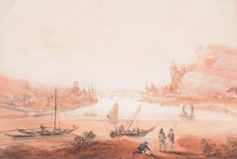 English School (19th century) - Continental river landscape  Watercolour, over graphite on wove