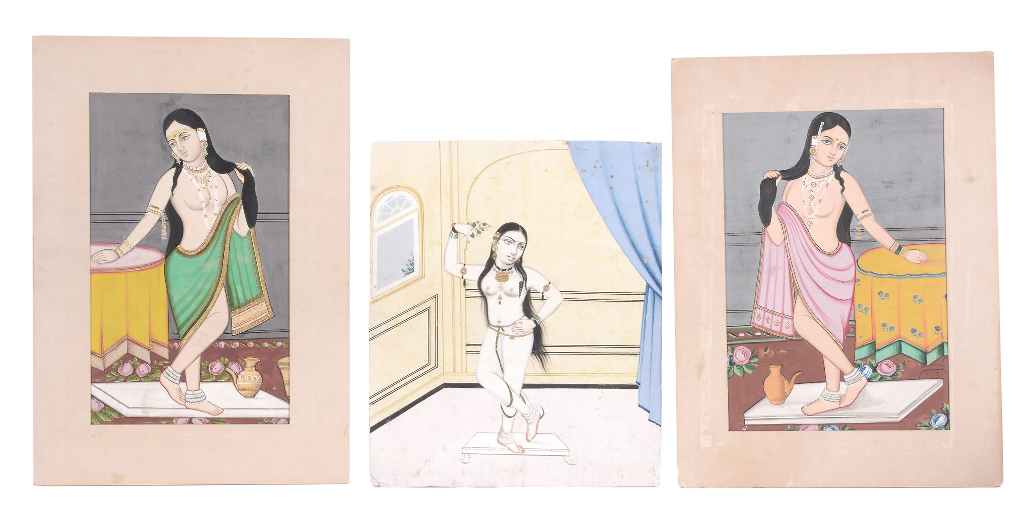 Three paintings of courtesans, probably Jaipur, India, circa 1900   Three paintings of courtesans,