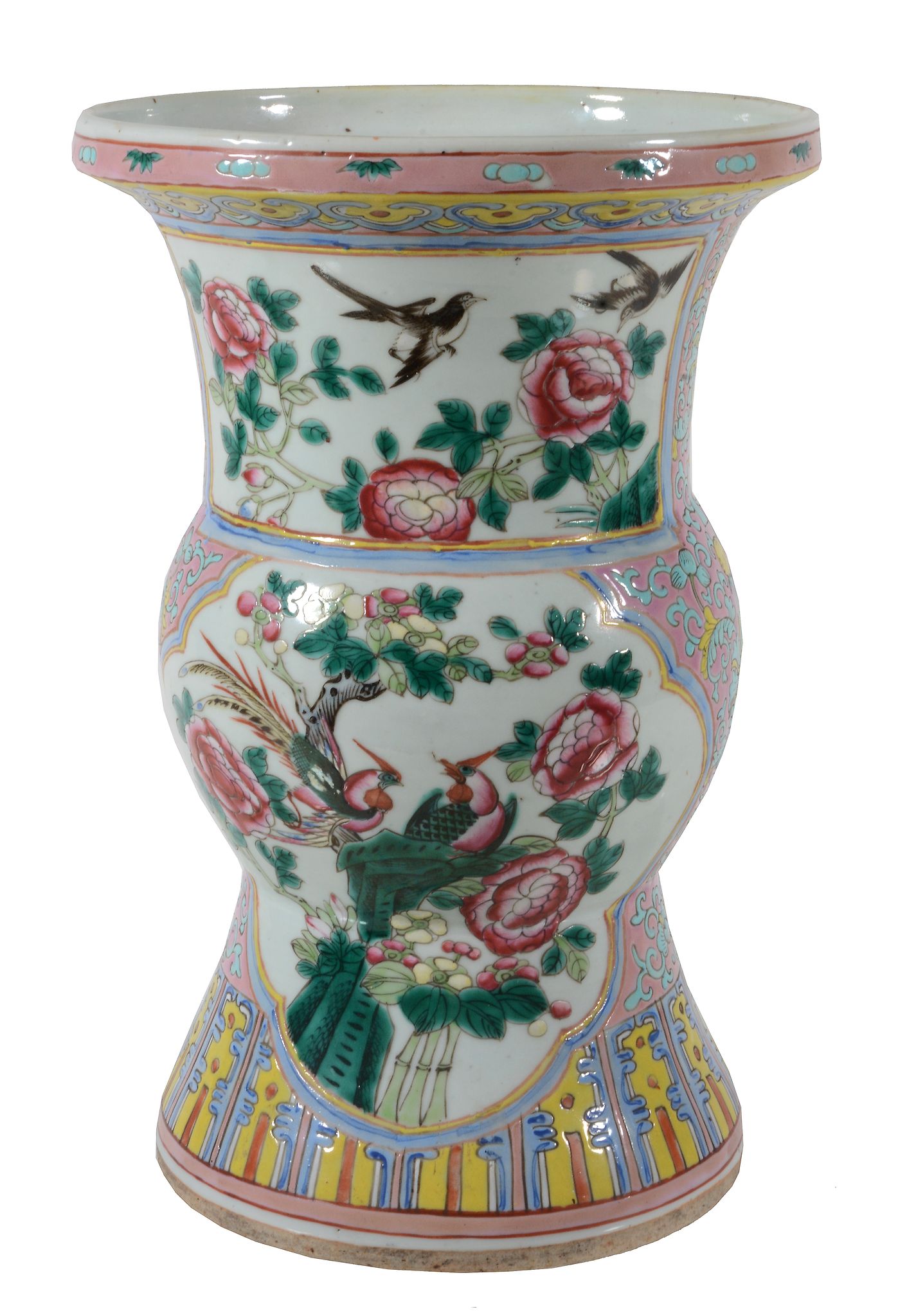 A Chinese Famille Rose vase, late Qing, painted with panels of flowers and...   A Chinese  Famille