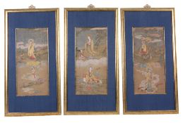 A set of three Chinese silk paintings, late 19th or 20th century   A set of three Chinese silk