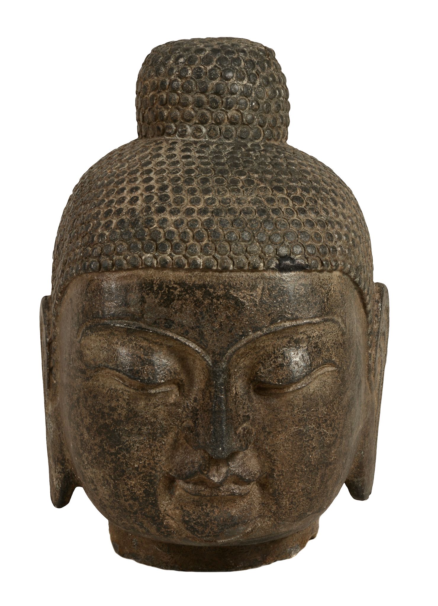 A large Chinese grey stone head of a Buddha, Ming Dynasty or later   A large Chinese grey stone head