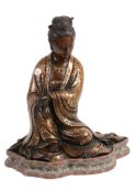 A Chinese bronze gold-splash model of Guanyin, seated with eyes downcast   A Chinese bronze gold-