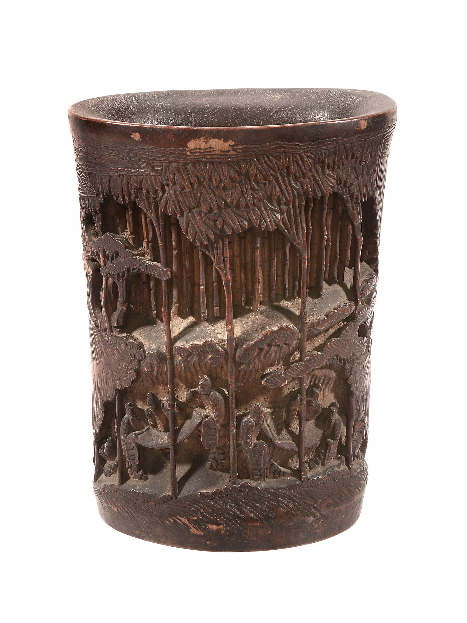 A Chinese bamboo brush pot depicting the 'Seven Sages of the Bamboo Grove'   A Chinese bamboo