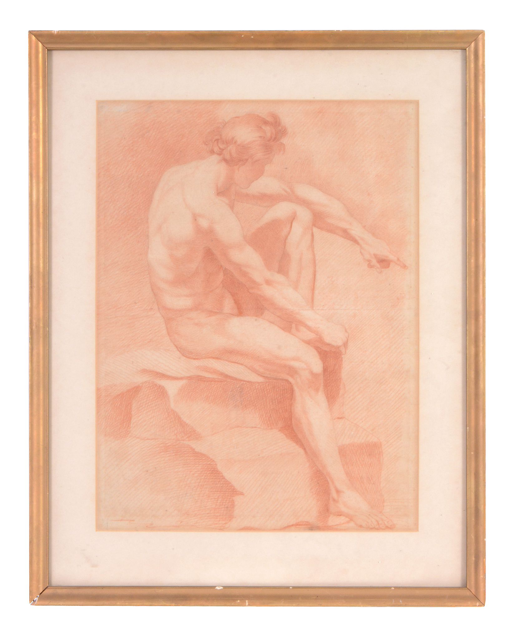 Attributed to George Ruff the Younger (1859-1913) - Study of male nude, sat on a rocky ledge  Red - Image 2 of 3