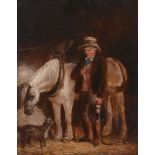 English School (19th Century) - A grey horse in a stable with a groom  Oil on board 27.5 x 22cm (